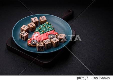Beautiful Christmas composition with copy space with an inscription in wooden cubes 109150089