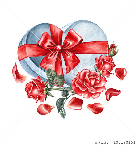 A white heart-shaped gift box with a red bow decorated with roses. Hand-drawn watercolor illustration. For Valentine's day, wedding, birthday. For packaging, flyers, posters and banners, postcards. 109150151