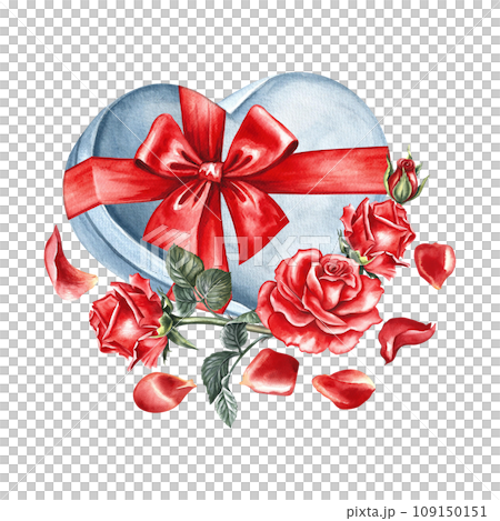 A white heart-shaped gift box with a red bow decorated with roses. Hand-drawn watercolor illustration. For Valentine's day, wedding, birthday. For packaging, flyers, posters and banners, postcards. A white heart-shaped gift box with a red bow decorated with roses. Hand-drawn watercolor illustration. For Valentine's day, wedding, birthday. For packaging, flyers, posters and banners, postcards. 109150151