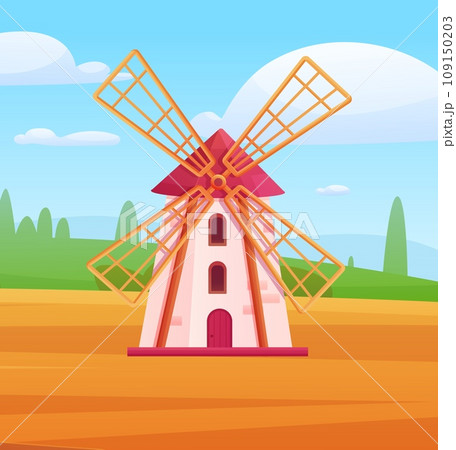 Cartoon windmill on field. Farm and agriculture scene. Village or suburb, nature landscape scene. Rural countryside vector illustration 109150203