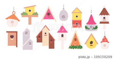 Wooden bird houses. Handmade birdhouse cartoon elements. Feeders crafted for various birds. Children craft, homes for wild animals racy vector icons 109150209