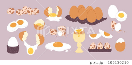 Cartoon eggs clipart. Quail and chicken edd, cracked shell and broken eggshell. Protein food various cooked, fried, raw and boiled, racy vector set Cartoon eggs clipart. Quail and chicken edd, cracked shell and broken eggshell. Protein food various cooked, fried, raw and boiled, racy vector set 109150210