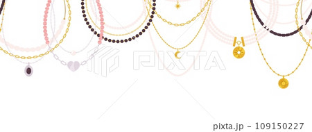 Decorative luxury necklaces banner. Jewelry store poster template, gold and silver chains. Pearls and gems, jewelries vector background Decorative luxury necklaces banner. Jewelry store poster template, gold and silver chains. Pearls and gems, jewelries vector background 109150227