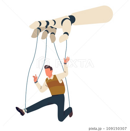 Robot puppeteer controlling man. Marionette victim on threads. Robotic manipulators hand. AI technology. Cyborg domination. Trapped guy exploitation. Dictator authority. Vector concept 109150307
