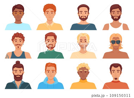Male avatars with different hairstyles. Men portraits. Short and long haircuts. Human head. Blondes, brown haired and brunettes. Barbershop models. Beards and mustaches. Recent vector set 109150311