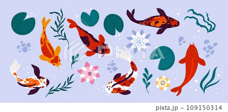 Koi fish and pond elements. Cartoon Japanese carps. Different colors. Decorative flora and fauna top view. Goldfish swimming in lake. Water lily and lotus flowers. Garish vector set 109150314