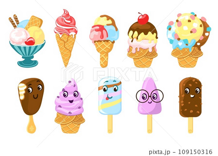Ice cream with cute faces. Kawaii sweets. Smiling summer desserts. Tasty gelatos. Waffle cones, cups or sticks. Chocolate topping. Refreshing snacks. Cartoon characters. Splendid vector set 109150316