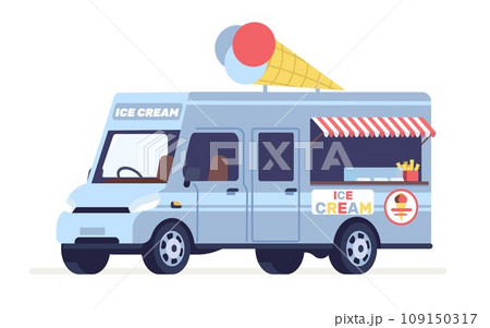 Ice cream truck. Street food automobile van. Cold desserts selling. Park kiosk on wheels. Takeaway cafe. Outdoor transport counter. Refreshing sweets. Wafer cone and awning. Vector concept 109150317