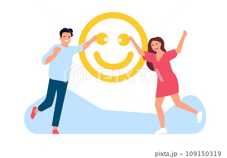 Happiness and fun. Happy people. Positive thinking and optimism. Smiling face emoticon. Optimistic man and woman showing excited emoji. Optimists emotion expression. Vector concept 109150319