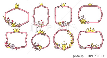 Cute girly frames. Princess decorations with royal crowns and flowers. Love heart. Birthday party. Blooming plants bouquet. Fairytale border shapes. Pink sweet design elements vector set Cute girly frames. Princess decorations with royal crowns and flowers. Love heart. Birthday party. Blooming plants bouquet. Fairytale border shapes. Pink sweet design elements vector set 109150324