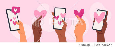 Cartoon hands with phones send hearts. Love and dating application. Remote romantic relationship. Social media network communication. Smartphone chatting. Lovers message. Garish vector set 109150327