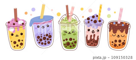 Bubble tea. Kawaii drinks with tapioca pearls. Different tastes cocktails. Refreshing smoothie. Sweet milkshakes. Boba beverages in plastic glasses with lids and straws. Garish vector set 109150328