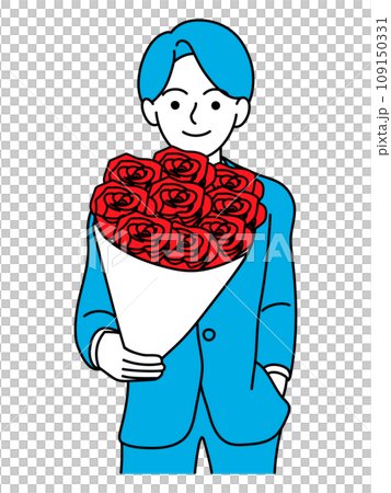 02_A man in a suit holding a bouquet of roses 109150331