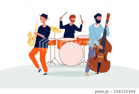 Music band. Drummer saxophonist and guitarist. Vector stylized characters 109150368