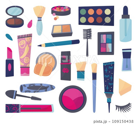 Makeup elements isolated doodle icons. Cosmetics products, female beauty collection. Lipstick, brushes and shadows, mascara tube, neoteric vector set 109150438