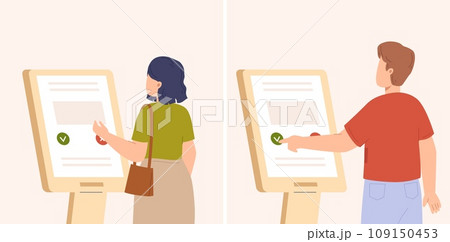 Buy or pay in postamat. Man woman stand at auto screen, banking or ticket buying. Simple digital or electronic service for people, vector characters 109150453