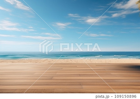 Wooden deck floor on the background of the sea and blue sky background. Generative AI Wooden deck floor on the background of the sea and blue sky background. Generative AI 109150896