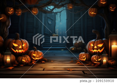 Wooden deck floor on the background of halloween theme background. Generative AI 109150910