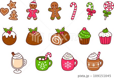 Cartoon Christmas desserts doodle icon set 109151045
