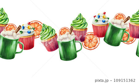 Watercolor seamless border with Christmas sweet muffins with cream and candies, cup with marshmallow. New year hand painting red and green cupcake isolated on white background. For designers, food Watercolor seamless border with Christmas sweet muffins with cream and candies, cup with marshmallow. New year hand painting red and green cupcake isolated on white background. For designers, food 109151362