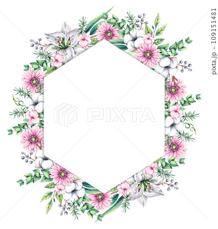Watercolor wreath with flowers of lilies, gerbera, eucalyptus 109151481
