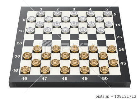 International draughts game board and metallic pieces. 3D rendering International draughts game board and metallic pieces. 3D rendering 109151712
