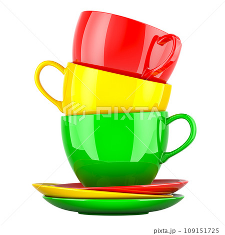 Stack of colorful cups with saucers, 3D rendering Stack of colorful cups with saucers, 3D rendering 109151725