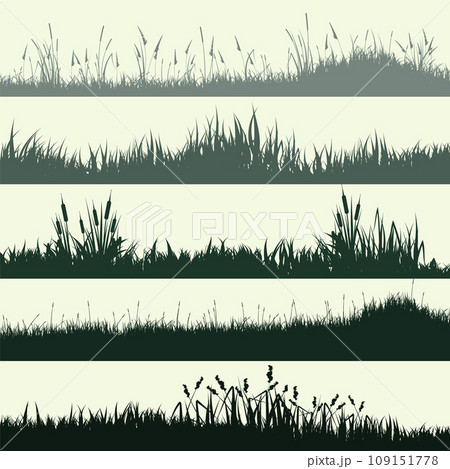 Meadow silhouettes with grass, plants on plain. Panoramic summer lawn landscape with herbs, various weeds. Herbal border, frame element. Green horizontal banners. Vector illustration Meadow silhouettes with grass, plants on plain. Panoramic summer lawn landscape with herbs, various weeds. Herbal border, frame element. Green horizontal banners. Vector illustration 109151778