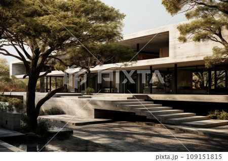 Whimsical coniferous trees with green needles outside an ultra-modern minimalist concrete and glass building. Colorful live objects, blue sky and grey monochrome inanimate background combination. Whimsical coniferous trees with green needles outside an ultra-modern minimalist concrete and glass building. Colorful live objects, blue sky and grey monochrome inanimate background combination. 109151815