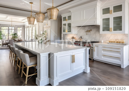Interior of modern luxurious kitchen classic style. White cabinets with gilded handles, kitchen island with white marble countertop, built-in home appliances, vintage pendant lights. Home design. 109151820