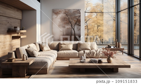 Interior of stylish spacious living room in luxury cottage. Comfortable corner sofa with cushions, rustic wooden coffee table, large poster on the wall, panoramic windows overlooking scenic landscape. Interior of stylish spacious living room in luxury cottage. Comfortable corner sofa with cushions, rustic wooden coffee table, large poster on the wall, panoramic windows overlooking scenic landscape. 109151833