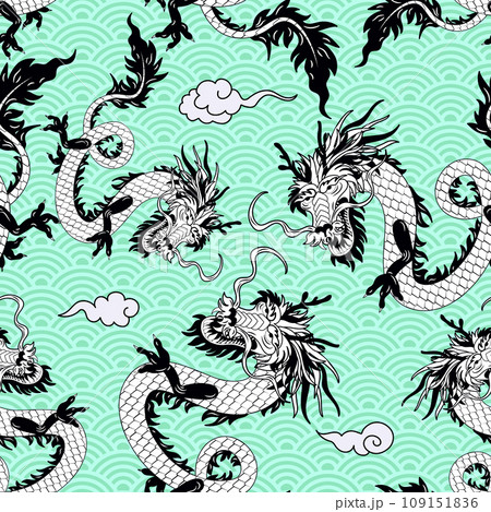 Chinese, Japanese Asian style dragon seamless pattern, poster, card, background design. Chinese new year, Year of the dragon 2024 109151836
