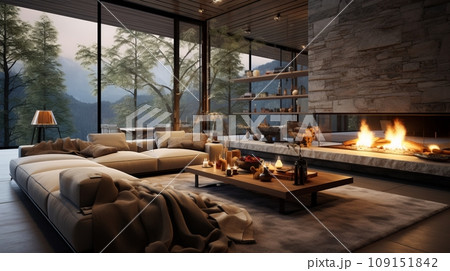 Interior of cozy living room in modern chic eco-style chalet. Comfortable corner sofa, coffee table, bookshelves, gorgeous fireplace. Glass wall with picturesque landscape view. Interior of cozy living room in modern chic eco-style chalet. Comfortable corner sofa, coffee table, bookshelves, gorgeous fireplace. Glass wall with picturesque landscape view. 109151842