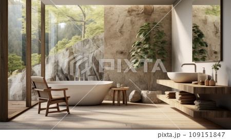 Interior of modern bathroom in luxury eco-style chalet. Stone-textured walls, freestanding bathtub, wall cabinet with countertop sink, indoor plants, large panoramic window with picturesque view. Interior of modern bathroom in luxury eco-style chalet. Stone-textured walls, freestanding bathtub, wall cabinet with countertop sink, indoor plants, large panoramic window with picturesque view. 109151847
