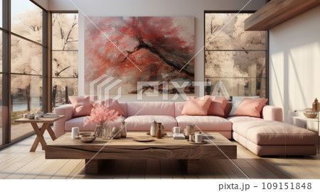 Interior of stylish spacious living room in luxury cottage. Comfortable corner sofa with cushions, rustic wooden coffee table, large poster on the wall, panoramic windows overlooking scenic landscape. Interior of stylish spacious living room in luxury cottage. Comfortable corner sofa with cushions, rustic wooden coffee table, large poster on the wall, panoramic windows overlooking scenic landscape. 109151848