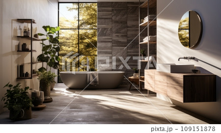 Interior of modern bathroom in luxury eco-style chalet. Stone-textured walls, freestanding bathtub, wall cabinet with countertop sink, indoor plants, large panoramic window with picturesque view. Interior of modern bathroom in luxury eco-style chalet. Stone-textured walls, freestanding bathtub, wall cabinet with countertop sink, indoor plants, large panoramic window with picturesque view. 109151878