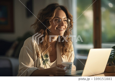 Smiling pretty Caucasian girl sitting on a sofa with laptop in cozy room. Female student studies online, watches webinar or learning course, participates in conference call. Online education concept. 109151881