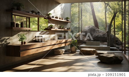 Interior of modern bathroom in luxury eco-style chalet. Stone-textured walls, freestanding bathtub, wood trim, indoor plants, large panoramic window with scenic forest view. Contemporary design. Interior of modern bathroom in luxury eco-style chalet. Stone-textured walls, freestanding bathtub, wood trim, indoor plants, large panoramic window with scenic forest view. Contemporary design. 109151901