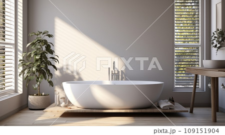Interior of modern minimalist bathroom in luxury cottage or apartment. White walls, freestanding bathtub, wooden countertop with wash basin, indoor plant, large window. Contemporary home design. Interior of modern minimalist bathroom in luxury cottage or apartment. White walls, freestanding bathtub, wooden countertop with wash basin, indoor plant, large window. Contemporary home design. 109151904
