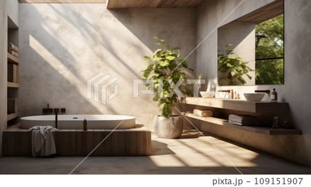 Interior of modern bathroom in luxury eco-style chalet. Stone-textured walls, freestanding bathtub, wall cabinet with countertop sink, indoor plants, large panoramic window with picturesque view. Interior of modern bathroom in luxury eco-style chalet. Stone-textured walls, freestanding bathtub, wall cabinet with countertop sink, indoor plants, large panoramic window with picturesque view. 109151907