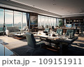Interior of modern cozy spacious office. Large tables with desktop computers, comfortable chairs, chillout area with upholstered furniture, panoramic windows with city view. Modern interior design. 109151911