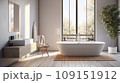 Interior of modern minimalist bathroom in luxury eco-style cottage. White walls, freestanding bathtub, wall-hung cabinet with washbasin, indoor plants, large panoramic window. Contemporary home design 109151912