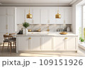 Interior of modern luxurious classic kitchen. White cabinets with gilded handles, kitchen island with white marble countertop, built-in home appliances, vintage pendant lights. Modern home design. 109151926