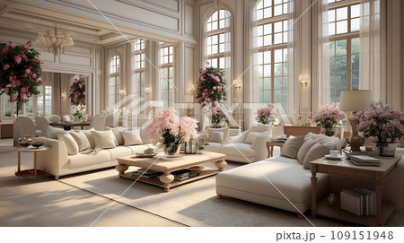 Interior of classical living room in luxurious villa. Comfortable cushioned furniture, coffee table, lots of flower bouquets in vases, gorgeous chandelier, large windows with picturesque view. Interior of classical living room in luxurious villa. Comfortable cushioned furniture, coffee table, lots of flower bouquets in vases, gorgeous chandelier, large windows with picturesque view. 109151948