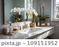 Close-up of classic style bathroom in luxury villa. Wall cabinet with marble countertop and built-in sink, bottles of cosmetics, white orchids in ceramic vase, large window. Contemporary home design. 109151952
