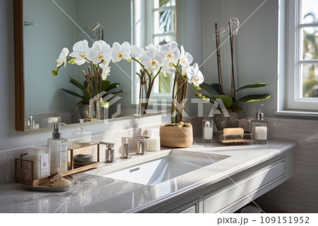 Close-up of classic style bathroom in luxury villa. Wall cabinet with marble countertop and built-in sink, bottles of cosmetics, white orchids in ceramic vase, large window. Contemporary home design. Close-up of classic style bathroom in luxury villa. Wall cabinet with marble countertop and built-in sink, bottles of cosmetics, white orchids in ceramic vase, large window. Contemporary home design. 109151952