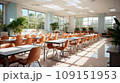 Interior of clean bright classroom in modern school or college. Spacious room with white walls, large comfortable desks, chairs, bookshelves, indoor plants, large windows. 109151953