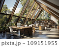 Interior of open space office in modern eco-style building. Concrete floor, huge panoramic windows, wooden desks with computers, chairs, bookshelves, indoor plants. 109151955