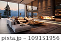 Interior of cozy living room in modern chic eco-style chalet. Comfortable corner sofa, coffee table, bookshelves, gorgeous fireplace. Glass wall with picturesque landscape view. 109151956