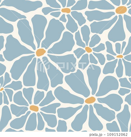 Groovy daisy flowers seamless vector pattern. Floral background in 1970s Hippie retro style. Flower Power. Groovy daisy flowers seamless vector pattern. Floral background in 1970s Hippie retro style. Flower Power. 109152062